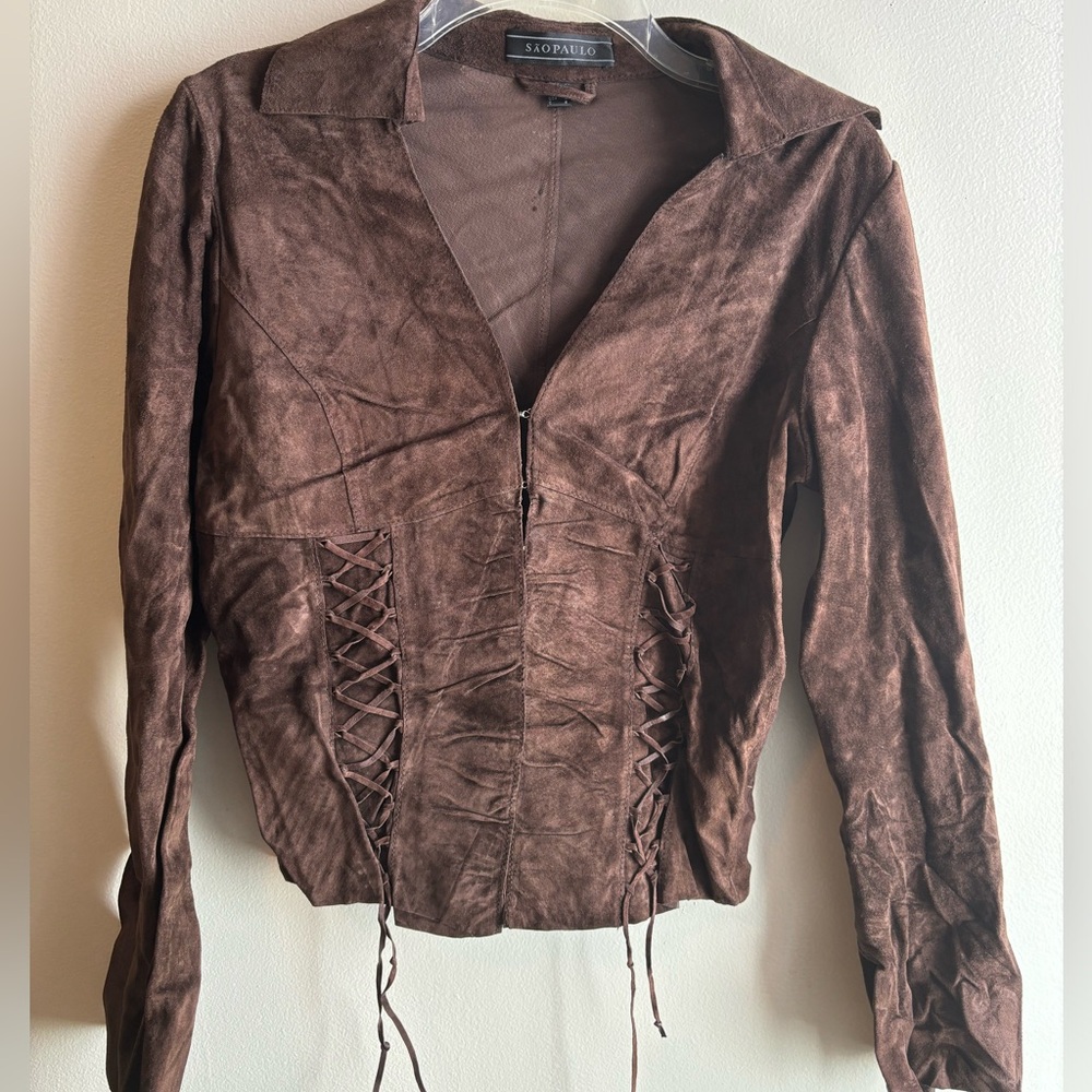 Brown Plunge Bell Sleeve Suede Blouse by São Paulo